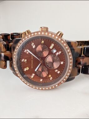 Michael Kors Rose Gold & Brown Tortoise shell Chronograph Watch